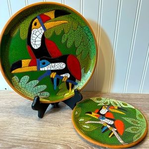 Toucan Birds Brazilian Terra Cotta Crackle Glaze 9.5" & 7" Plate or Tray-Vintage